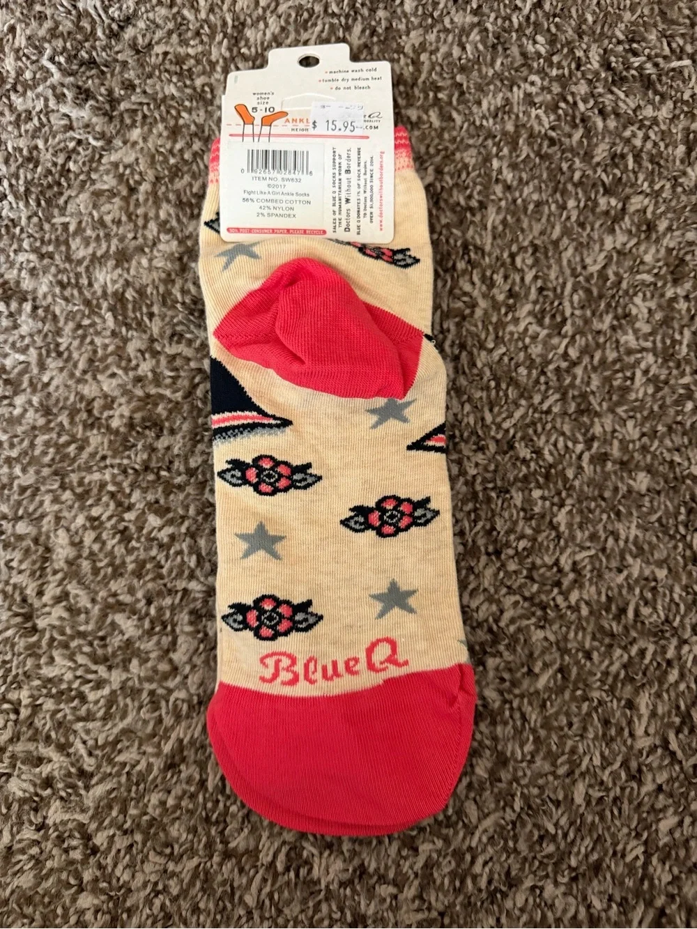 Blue Q Beige Ankle Socks with Red Toe - 'Fight Like a Girl' Sailor Graphic
